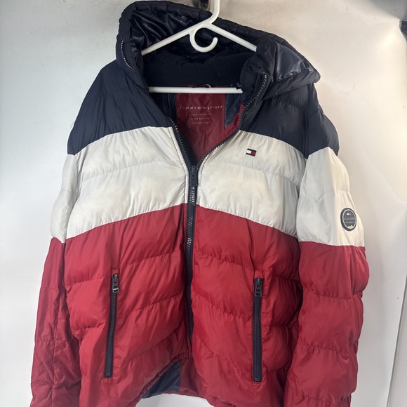 Tommy Hilfiger Other - Tommy Hilfiger Mens Colorblock Hooded Puffer Jacket Red White Navy Blue Size XL